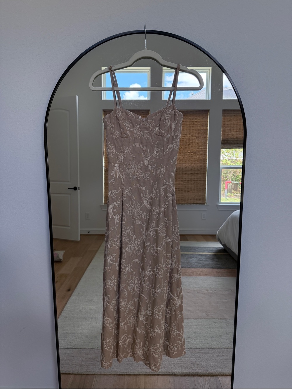 Zara Beige Floral Maxi Dress with White Embroidery